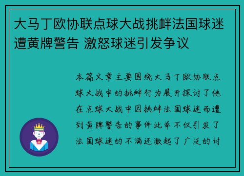 大马丁欧协联点球大战挑衅法国球迷遭黄牌警告 激怒球迷引发争议